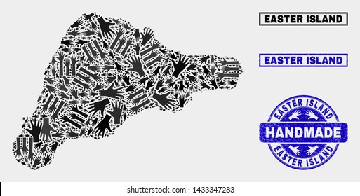 Vector handmade collage of Easter Island map and rubber watermarks. Mosaic Easter Island map is formed of random hands. Blue watermarks with corroded rubber texture.