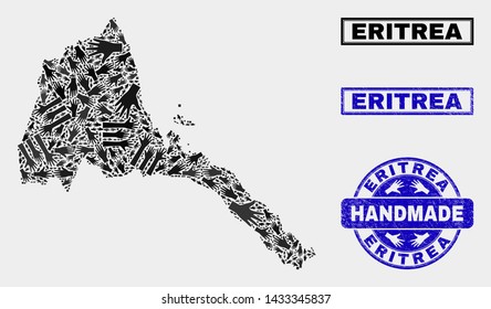 Vector handmade collage of Eritrea map and rubber seals. Mosaic Eritrea map is made with scattered hands. Blue stamp imprints with grunge rubber texture.