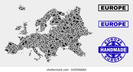Vector handmade collage of Europe map and grunge seals. Mosaic Europe map is formed of random hands. Blue seals with distress rubber texture. Flat design for handmade service posters.