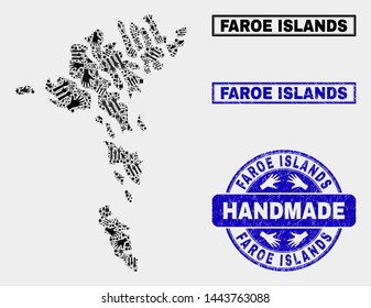 Vector handmade collage of Faroe Islands map and grunge stamp seals. Mosaic Faroe Islands map is constructed with scattered hands. Blue stamp imprints with grunge rubber texture.