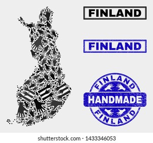 Vector handmade collage of Finland map and unclean stamp seals. Mosaic Finland map is organized of scattered hands. Blue seals with scratched rubber texture.