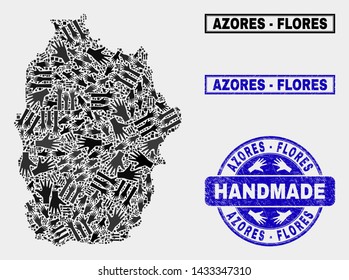 Vector handmade collage of Flores Island of Azores map and unclean watermarks. Mosaic Flores Island of Azores map is constructed with scattered hands. Blue seals with unclean rubber texture.