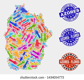 Vector handmade collage of Flores Island of Azores map and rubber seals. Mosaic Flores Island of Azores map is designed with random bright colorful hands. Rounded seals with corroded rubber texture.