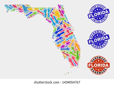 Vector handmade collage of Florida State map and scratched seals. Mosaic Florida State map is constructed of random bright colorful hands. Rounded seals with corroded rubber texture.