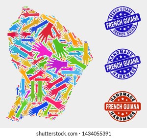 Vector handmade collage of French Guiana map and rubber seals. Mosaic French Guiana map is made with random bright colored hands. Rounded stamp imprints with corroded rubber texture.