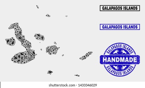 Vector handmade collage of Galapagos Islands map and dirty stamp seals. Mosaic Galapagos Islands map is designed of random hands. Blue stamp imprints with scratched rubber texture.