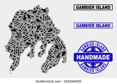 Vector handmade collage of Gambier Island map and rubber stamp seals. Mosaic Gambier Island map is designed with random hands. Blue watermarks with distress rubber texture.