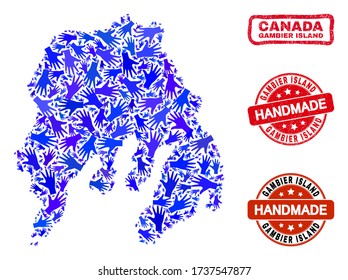 Vector handmade collage of Gambier Island map and dirty stamp seals. Mosaic Gambier Island map is made of scattered blue hands. Rounded and crooked red stamp imprints with corroded rubber texture.