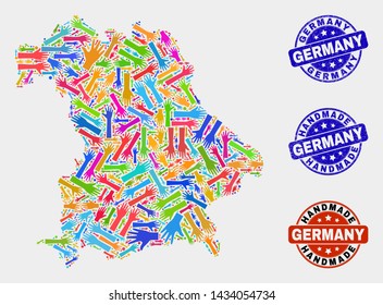 Vector handmade collage of Germany map and rubber seals. Mosaic Germany map is designed from scattered bright colored hands. Rounded stamp imprints with corroded rubber texture.