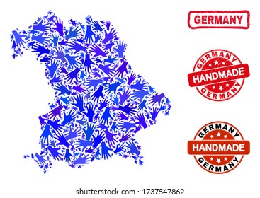 Vector handmade collage of Germany map and rubber seals. Mosaic Germany map is designed with randomized blue hands. Rounded and crooked red seals with distress rubber texture.