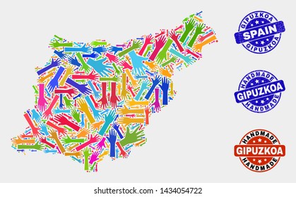 Vector handmade collage of Gipuzkoa Province map and dirty seals. Mosaic Gipuzkoa Province map is created of randomized bright colored hands. Rounded seals with unclean rubber texture.