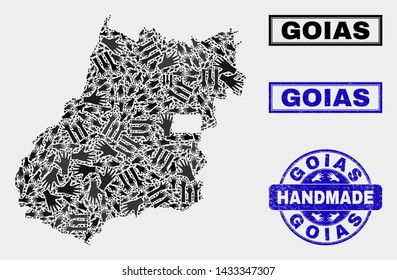 Vector handmade collage of Goias State map and rubber stamp seals. Mosaic Goias State map is made from random hands. Blue seals with corroded rubber texture. Flat design for hand made service posters.