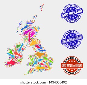 Vector handmade collage of Great Britain and Ireland map and textured stamps. Mosaic Great Britain and Ireland map is organized of scattered bright colorful hands.