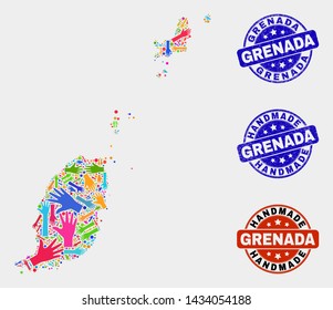 Vector handmade collage of Grenada map and rubber watermarks. Mosaic Grenada map is designed with scattered bright colored hands. Rounded watermarks with scratched rubber texture.