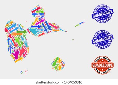 Vector handmade collage of Guadeloupe map and textured stamp seals. Mosaic Guadeloupe map is created of randomized bright colorful hands. Rounded stamp imprints with corroded rubber texture.