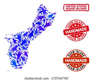 Vector handmade collage of Guam Island map and rubber stamp seals. Mosaic Guam Island map is made of random blue hands. Rounded and awry red seals with distress rubber texture.
