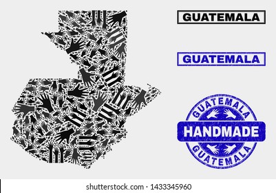 Vector handmade collage of Guatemala map and unclean seals. Mosaic Guatemala map is made with scattered hands. Blue seals with unclean rubber texture. Abstract design for hand made service purposes.