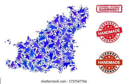 Collage hecho a mano por vectores del mapa de la isla de Guernsey y sellos sucios de sellos. El mapa de la isla Mosaic de Guernsey está formado por manos azules al azar. Juntas rojas y rojas con textura de caucho grunge.