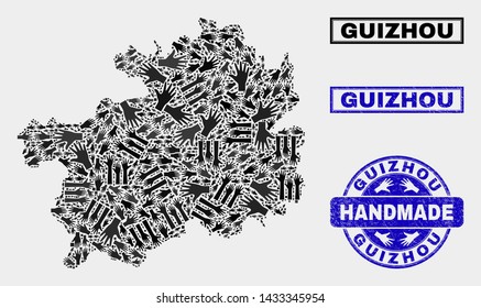 Vector handmade collage of Guizhou Province map and corroded stamp seals. Mosaic Guizhou Province map is composed of randomized hands. Blue stamp imprints with corroded rubber texture.