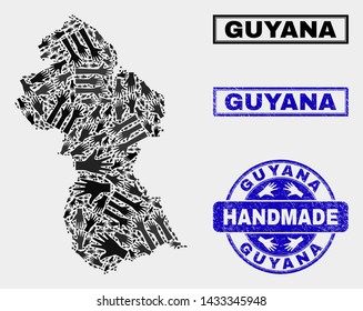 Vector handmade collage of Guyana map and dirty stamp seals. Mosaic Guyana map is organized with scattered hands. Blue seals with corroded rubber texture.