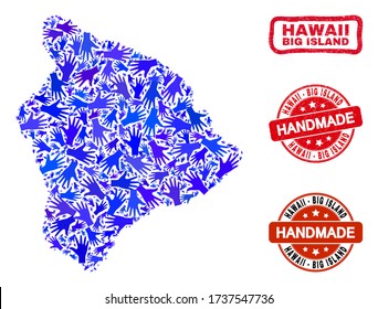 Vector handmade collage of Hawaii Big Island map and corroded seals. Mosaic Hawaii Big Island map is formed with randomized blue hands. Rounded and crooked red seals with distress rubber texture.