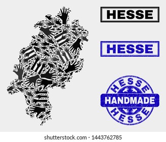 Vector handmade collage of Hesse Land map and scratched seals. Mosaic Hesse Land map is composed with randomized hands. Blue seals with scratched rubber texture.