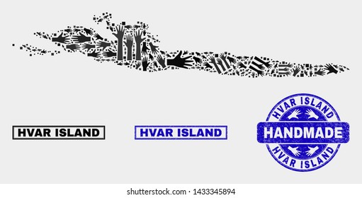 Vector handmade collage of Hvar Island map and rubber watermarks. Mosaic Hvar Island map is made of random hands. Blue watermarks with scratched rubber texture.