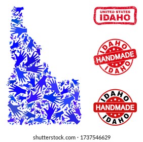 Collage hecho a mano por vectores del mapa del estado de Idaho y sellos de sellos corroídos. El mapa del estado de Idaho Mosaic está hecho de manos azules al azar. Sellos rotos y rojos con textura de caucho corroída.