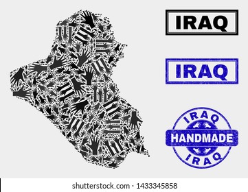 Vector handmade collage of Iraq map and scratched stamp seals. Mosaic Iraq map is made of randomized hands. Blue stamp imprints with scratched rubber texture.