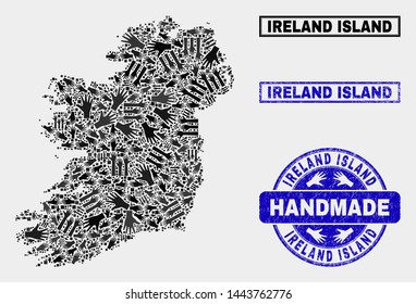 Vector handmade collage of Ireland Island map and rubber stamp seals. Mosaic Ireland Island map is created of scattered hands. Blue seals with corroded rubber texture.