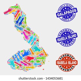 Vector handmade collage of Isabela Island of Galapagos map and rubber stamp seals. Mosaic Isabela Island of Galapagos map is composed from randomized bright colored hands.