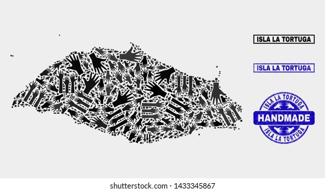 Vector handmade collage of Isla La Tortuga map and scratched stamp seals. Mosaic Isla La Tortuga map is formed of random hands. Blue seals with unclean rubber texture.