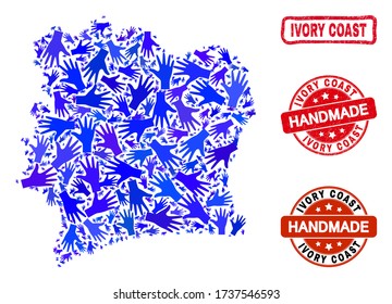 Collage de vectores hechos a mano de mapas de Costa de Marfil y sellos de caucho. El mapa Mosaico de Costa de Marfil está formado por manos azules al azar. Impresiones de sello rojo redondeado y torcido con textura de caucho grunge.
