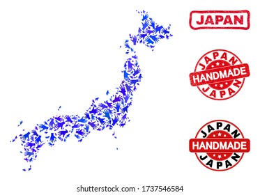 Vector handmade collage of Japan map and rubber stamps. Mosaic Japan map is created of scattered blue hands. Rounded and crooked red stamp imprints with distress rubber texture.
