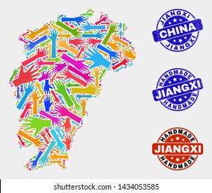Vector handmade collage of Jiangxi Province map and rubber watermarks. Mosaic Jiangxi Province map is made of random bright colorful hands. Rounded stamp imprints with grunge rubber texture.