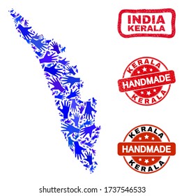 Vector handgefertigte Collage von Kerala State Map und texturierte Siegel. Mosaic Kerala State Map ist organisiert von randomisierten blauen Händen. Gerundete und gekrönte rote Dichtungen mit kratzter Gummistruktur.