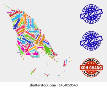 Vector handmade collage of Koh Chang map and grunge stamp seals. Mosaic Koh Chang map is composed from randomized bright colorful hands. Rounded stamp imprints with grunge rubber texture.
