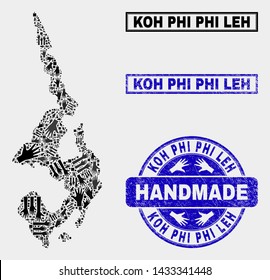 Vector handmade collage of Koh Phi Leh map and scratched stamps. Mosaic Koh Phi Leh map is composed of scattered hands. Blue stamp imprints with scratched rubber texture.