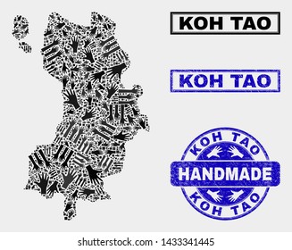 Vector handmade collage of Koh Tao map and corroded watermarks. Mosaic Koh Tao map is created of scattered hands. Blue watermarks with scratched rubber texture.
