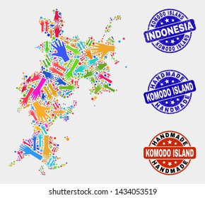 Vector handmade collage of Komodo Island map and corroded seals. Mosaic Komodo Island map is formed of scattered bright colorful hands. Rounded seals with corroded rubber texture.