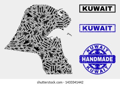 Vector handmade collage of Kuwait map and scratched watermarks. Mosaic Kuwait map is designed of randomized hands. Blue watermarks with corroded rubber texture.