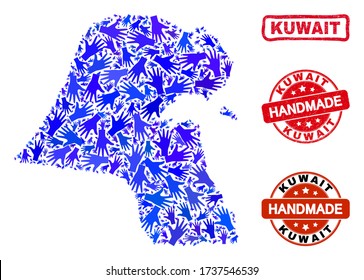 Vector handmade collage of Kuwait map and unclean stamp seals. Mosaic Kuwait map is organized of randomized blue hands. Rounded and awry red stamp imprints with grunge rubber texture.