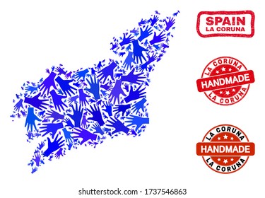 Vector handmade collage of La Coruna Province map and unclean watermarks. Mosaic La Coruna Province map is made of scattered blue hands. Rounded and rough red seals with unclean rubber texture.