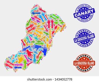 Vector handmade collage of La Graciosa Island map and rubber stamps. Mosaic La Graciosa Island map is created of random bright colored hands. Rounded stamp imprints with scratched rubber texture.