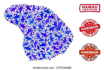 Collage hecho a mano por vectores del mapa de la isla de Lanai y marcas de agua corroídas. El mapa de la isla Mosaic Lanai está diseñado con manos azules al azar. Marcas de agua rojas redondeadas y secas con textura de caucho corroída.