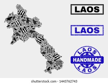 Vector handmade collage of Laos map and scratched stamp seals. Mosaic Laos map is done from scattered hands. Blue seals with scratched rubber texture. Abstract design for handmade marketing posters.
