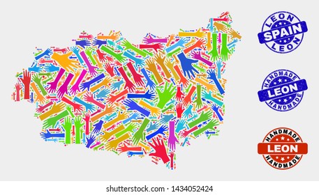 Vector handmade collage of Leon Province map and textured watermarks. Mosaic Leon Province map is designed with random bright colored hands. Rounded watermarks with scratched rubber texture.