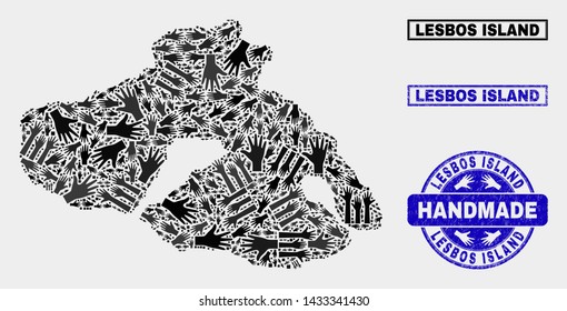 Vector handmade collage of Lesbos Island map and corroded watermarks. Mosaic Lesbos Island map is constructed of scattered hands. Blue seals with corroded rubber texture.