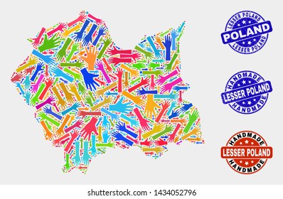 Vector handmade collage of Lesser Poland Voivodeship map and scratched seals. Mosaic Lesser Poland Voivodeship map is organized of scattered bright colorful hands.