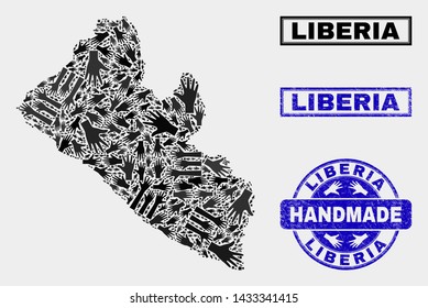 Vector handmade collage of Liberia map and grunge stamp seals. Mosaic Liberia map is designed with random hands. Blue stamp imprints with grunge rubber texture.